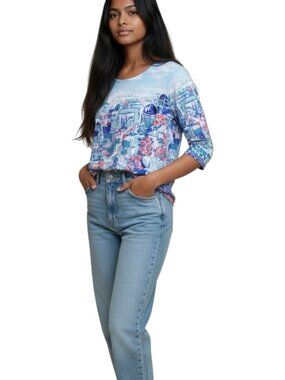 Allison Daley Top Womens Mediterranean Cityscape Graphics Buildings Blue Medium
